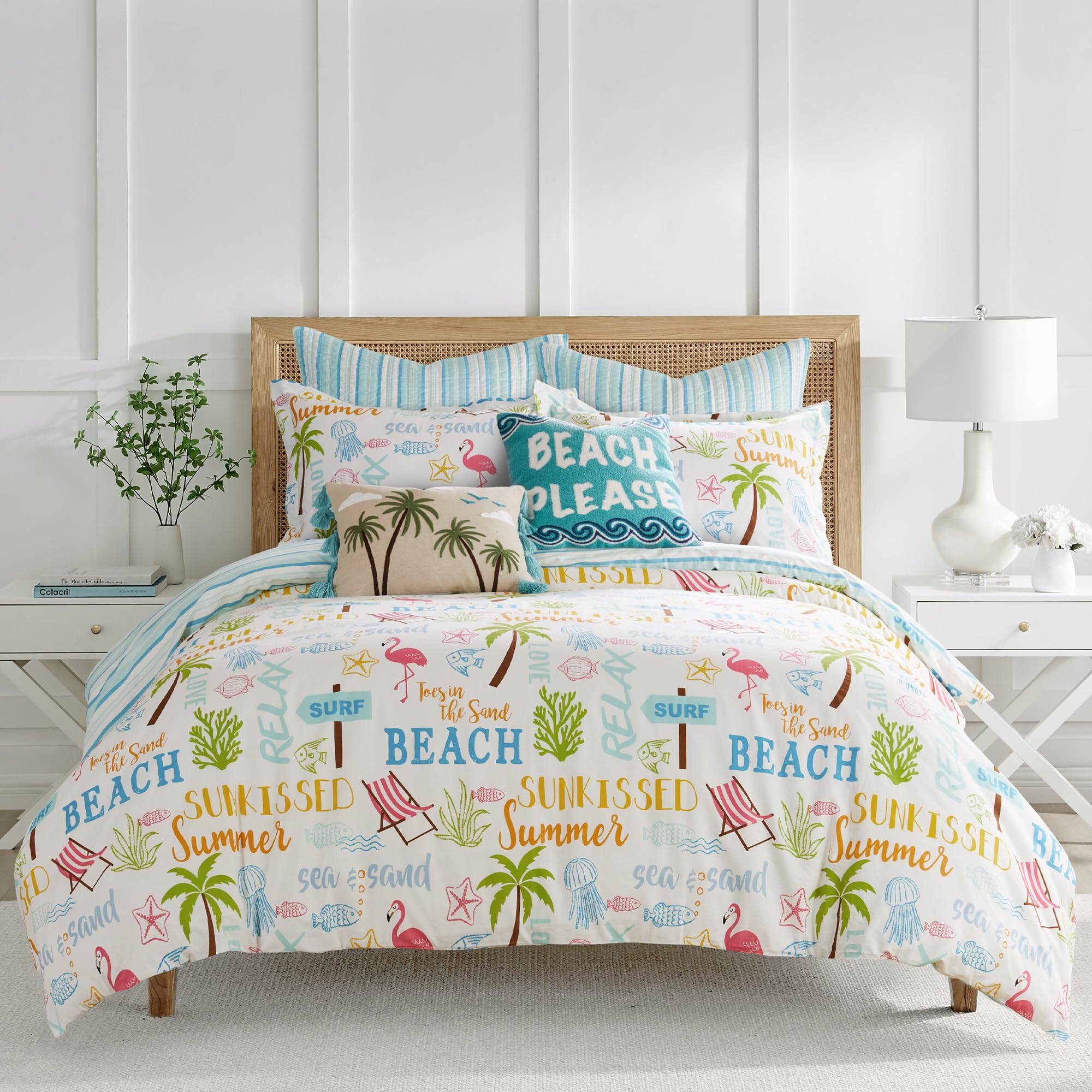 Levtex Home - Beach Days Duvet Cover Set - Full/Queen Duvet Cover (90 x 94in.) + Two Standard Pillow Cases (26 x 20in.) - Coastal Beach - Teal Blue Yellow Green Brown Pink - Cotton