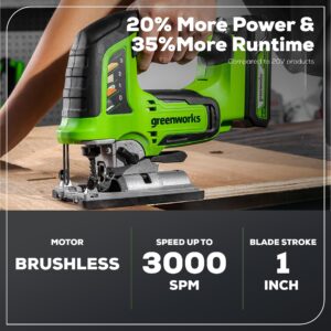 Greenworks 24V Brushless Cordless Jig Saw,3000 SPM,1 Inch Stroke Length Jigsaw with 6PCS Blades,4 Orbital Settings,45 Degree Cutting Angle,Tool-Free Blade Changing