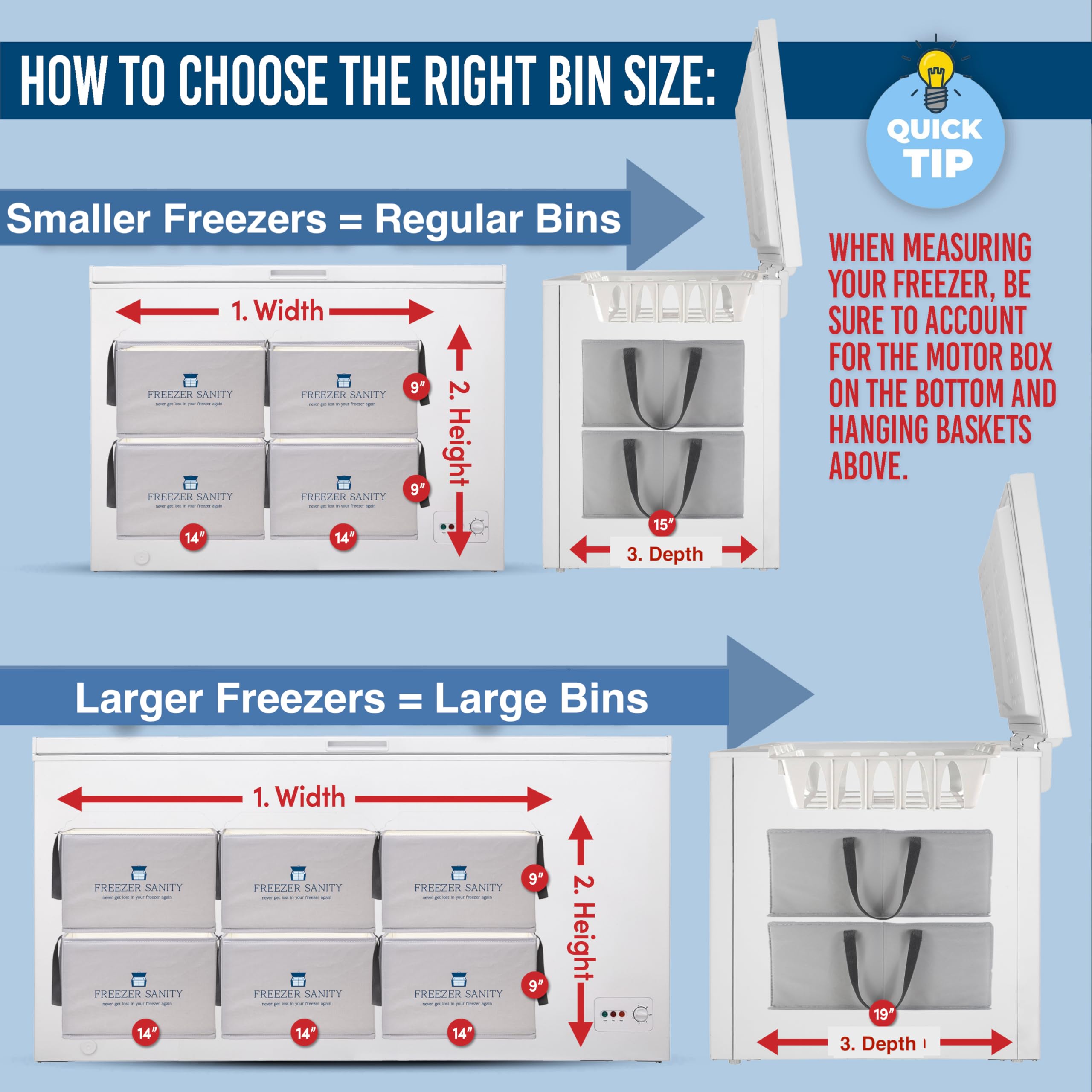 FREEZER SANITY Collapsible Freezer Organizer Bins - Stackable Storage Organizers with Custom Dividers, Handles, Ideal for Chest Freezers, Heavy-Duty, Water-Resistant Regular 15x14x9