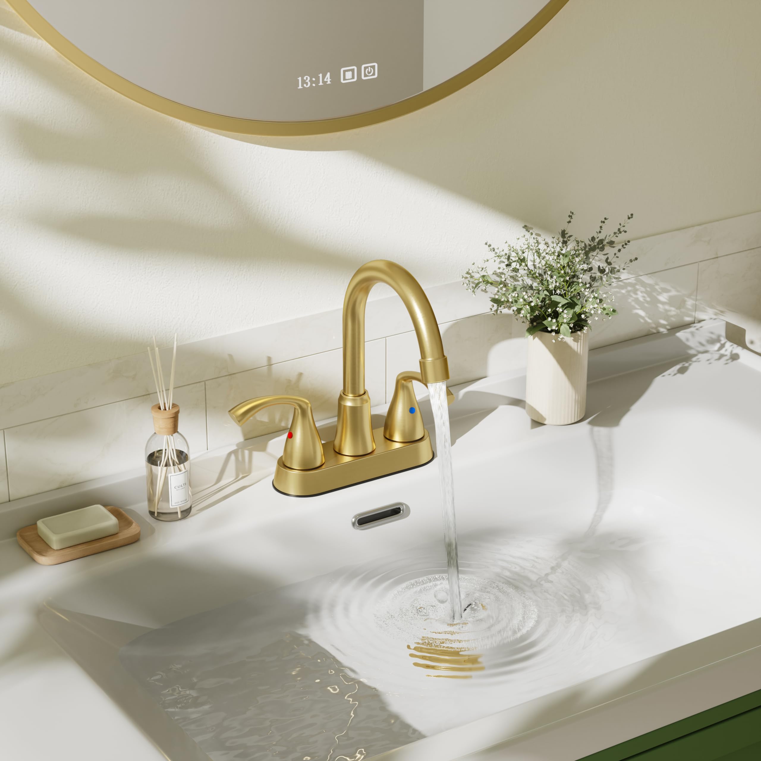 Phiestina Brushed Gold 4 Inch Centerset 2 or 3 Holes Bathroom Sink Faucet, Modern Vanity Faucet with 360 Swivel Spout, Metal Pop-up Drain and Water Supply Lines, JC180-BG