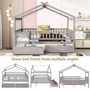 HUMEHA Full Size Bed Frame for Kids, Wood House Bed with 2 Drawers, Montessori Platform Bed with Roof and Fence for Boys Girls, Gray, 79.5''L x 57''W x 62.9''H