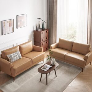 Atopston 63" Faux Leather Loveseat Sofa, Mid-Century Modern Decor 2 Seater Love Seat Couches, Comfy Armrest Small Couch with Wood Grain Legs for Living Room Apartment, Tan Leather