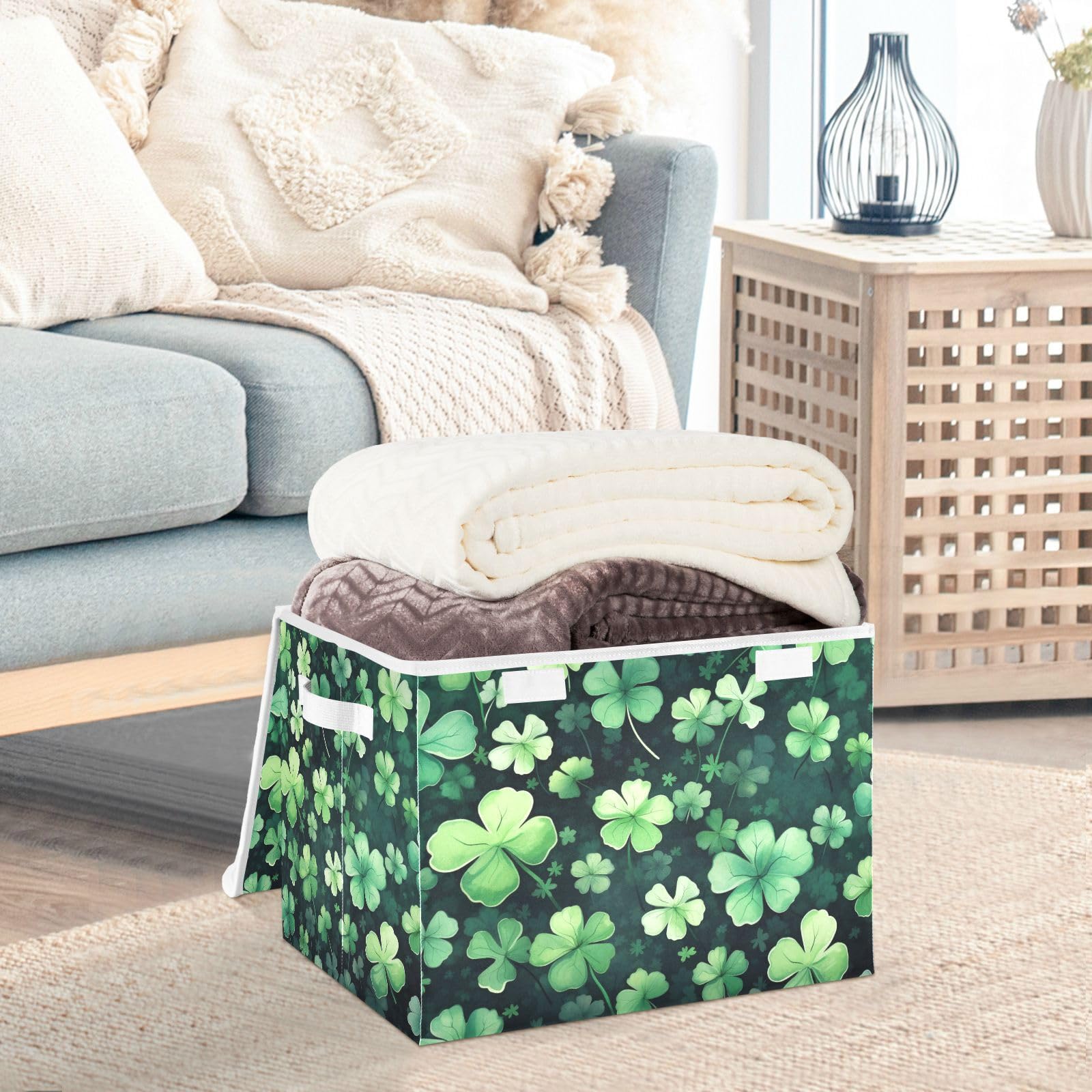 senya St. Patrick's Day Baskets Collapsible Storage Bins with Lids, St Patricks Clover Leaves Storage Boxes Clothes Baskets for Organizing