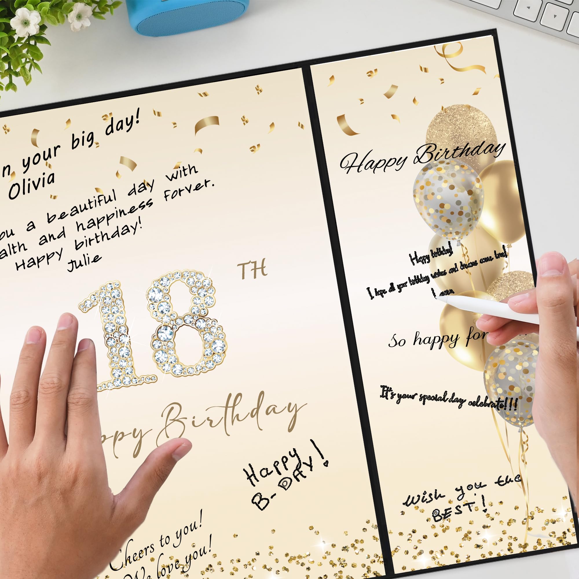 DARUNAXY Black Gold 18th Birthday Party Decorations, Happy 18th Birthday Alternative Signature Guest Book for Boys & Girls Cheers to 18 Years Old Gifts 18 Birthday Signing Card Board Party Supplies