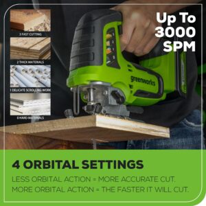 Greenworks 24V Brushless Cordless Jig Saw,3000 SPM,1 Inch Stroke Length Jigsaw with 6PCS Blades,4 Orbital Settings,45 Degree Cutting Angle,Tool-Free Blade Changing