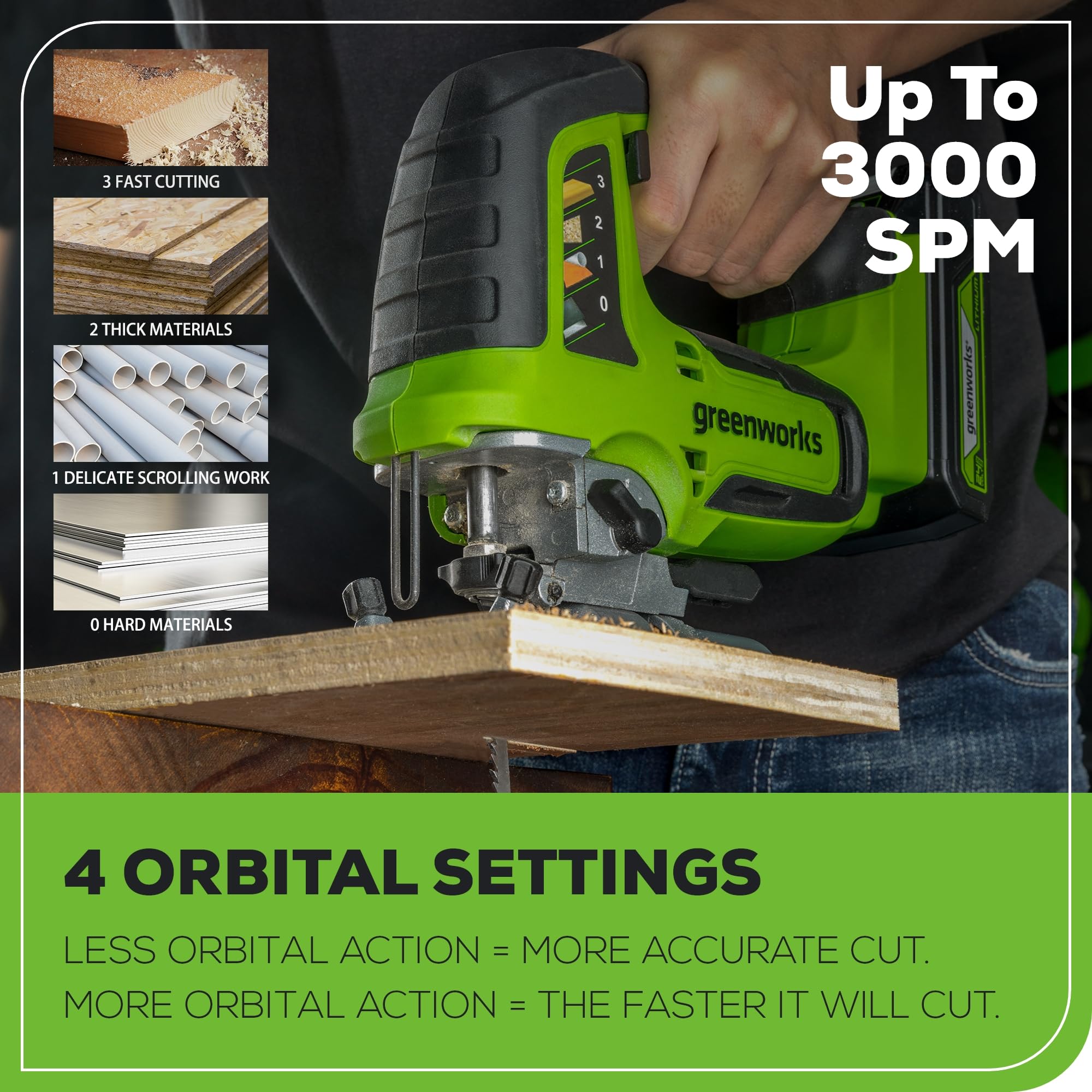 Greenworks 24V Brushless Cordless Jig Saw,3000 SPM,1 Inch Stroke Length Jigsaw with 6PCS Blades,4 Orbital Settings,45 Degree Cutting Angle,Tool-Free Blade Changing