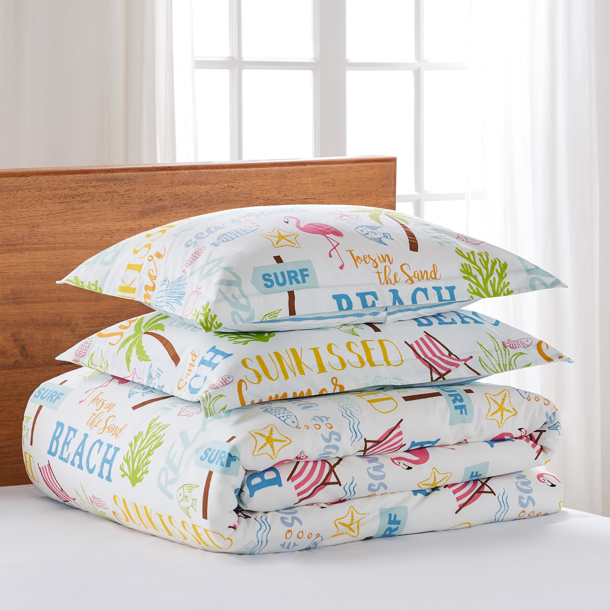 Levtex Home - Beach Days Duvet Cover Set - Full/Queen Duvet Cover (90 x 94in.) + Two Standard Pillow Cases (26 x 20in.) - Coastal Beach - Teal Blue Yellow Green Brown Pink - Cotton