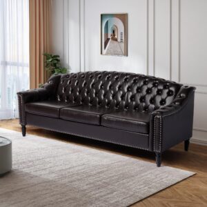 phoyal chesterfield couch 3 seater large sofa, faux leather sofas and couches 80 inches mid century modern couch tufted back sofa for living room furniture (dark brown)