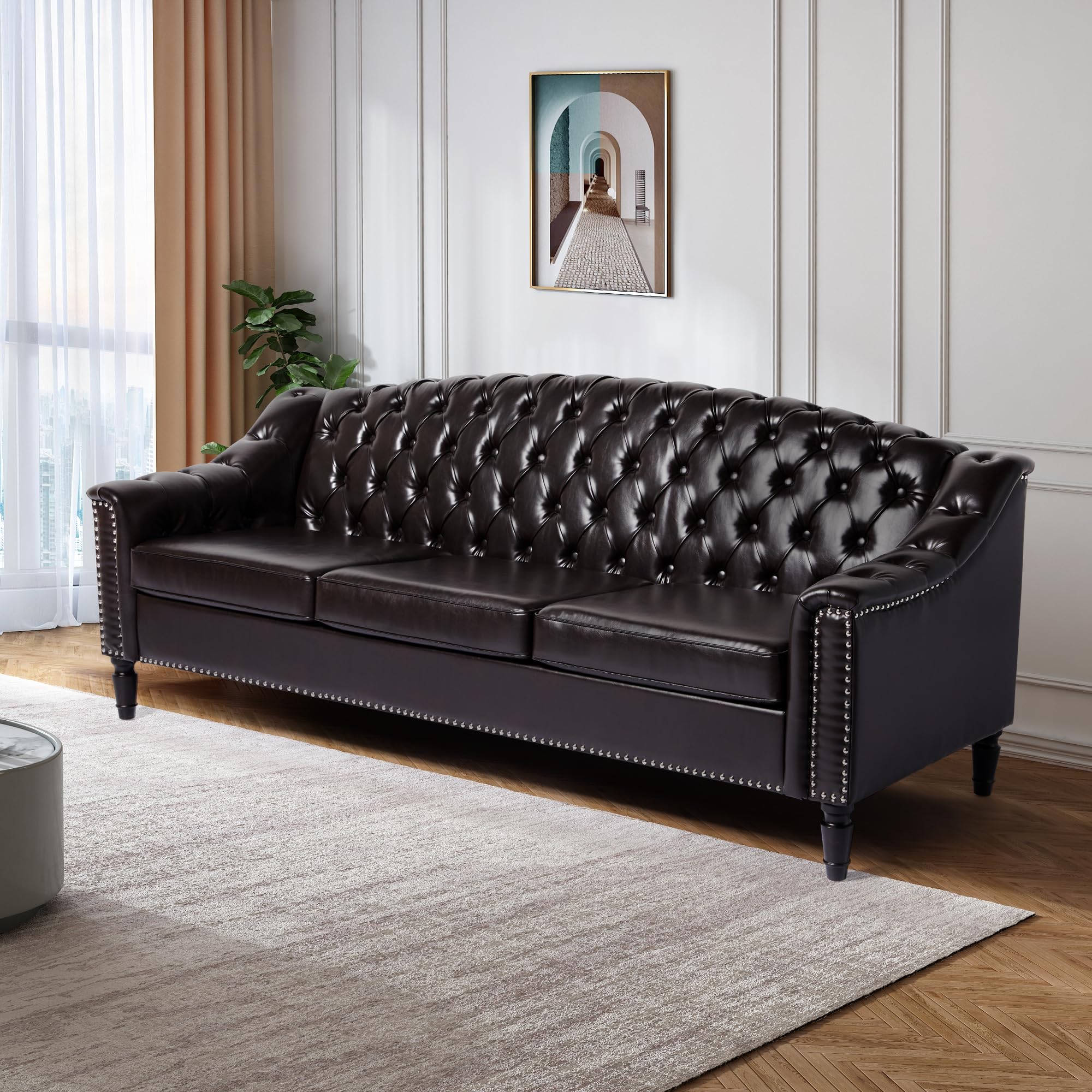 PHOYAL Chesterfield Couch 3 Seater Large Sofa, Faux Leather Sofas and Couches 80 Inches Mid Century Modern Couch Tufted Back Sofa for Living Room Furniture (Dark Brown)