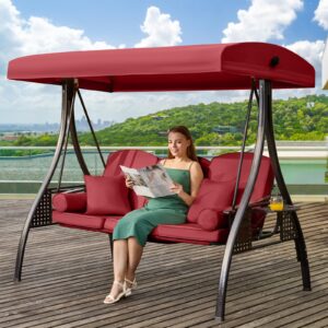 yalissey 3 in 1 outdoor porch swing with adjustable canopy, 3 seat outdoor swing for adults, patio swing chair with thickened cushions,pillows & cup holders for backyard, porch, garden (wine red)