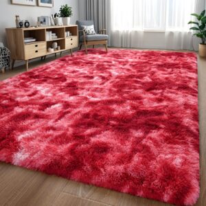 larhom fluffy shag area rug, 4x6 ft burgundy red tie-dyed shaggy fuzzy carpets for living room, ultra soft plush rugs for bedroom, girls kids room, nursery dorm home decor, non-slip