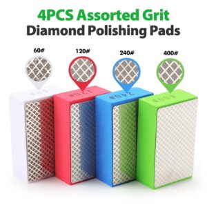 WORKEASE Diamond Hand Polishing Pads, 4PCS Diamond Sanding Block 60/120/240/400 Grit Diamond Hand Pads Foam Backing for Tile Glass Stone Marble Granite Ceramics Metal Wet&Dry