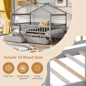 HUMEHA Full Size Bed Frame for Kids, Wood House Bed with 2 Drawers, Montessori Platform Bed with Roof and Fence for Boys Girls, Gray, 79.5''L x 57''W x 62.9''H