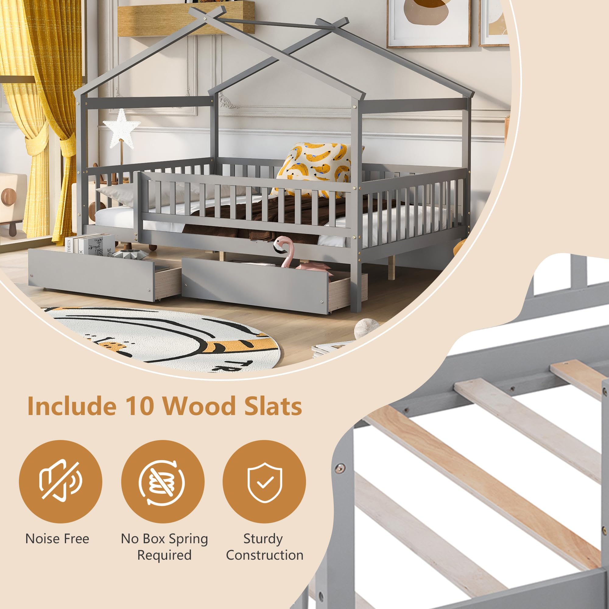 HUMEHA Full Size Bed Frame for Kids, Wood House Bed with 2 Drawers, Montessori Platform Bed with Roof and Fence for Boys Girls, Gray, 79.5''L x 57''W x 62.9''H