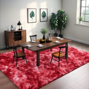 Larhom Fluffy Shag Area Rug, 4x6 ft Burgundy Red Tie-Dyed Shaggy Fuzzy Carpets for Living Room, Ultra Soft Plush Rugs for Bedroom, Girls Kids Room, Nursery Dorm Home Decor, Non-Slip