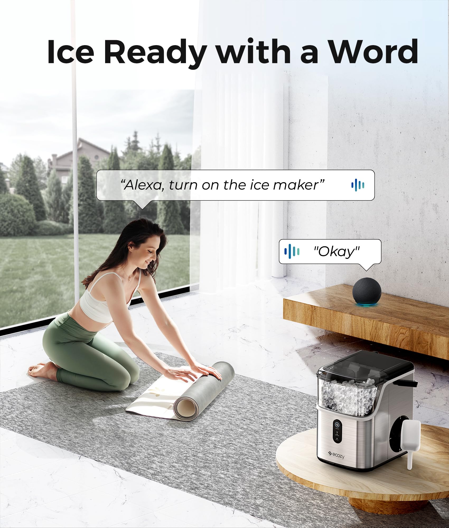 ecozy Smart Nugget Ice Maker Countertop, Pebble Ice Maker with 35lbs/24H Soft Chewable Ice, Self-Cleaning Ice Machine with Voice Control for Home Kitchen Party Bar Office, Stainless Steel