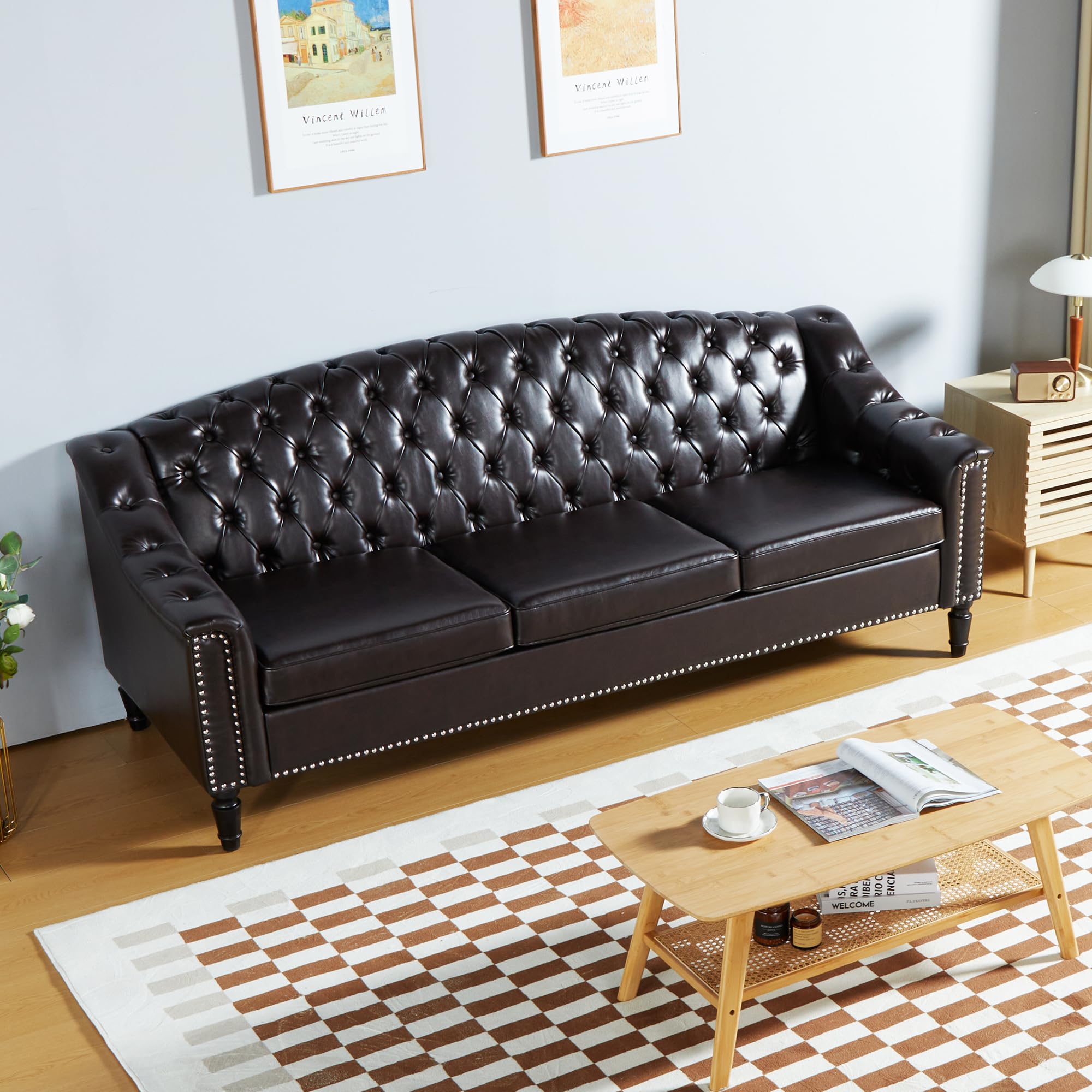 PHOYAL Chesterfield Couch 3 Seater Large Sofa, Faux Leather Sofas and Couches 80 Inches Mid Century Modern Couch Tufted Back Sofa for Living Room Furniture (Dark Brown)