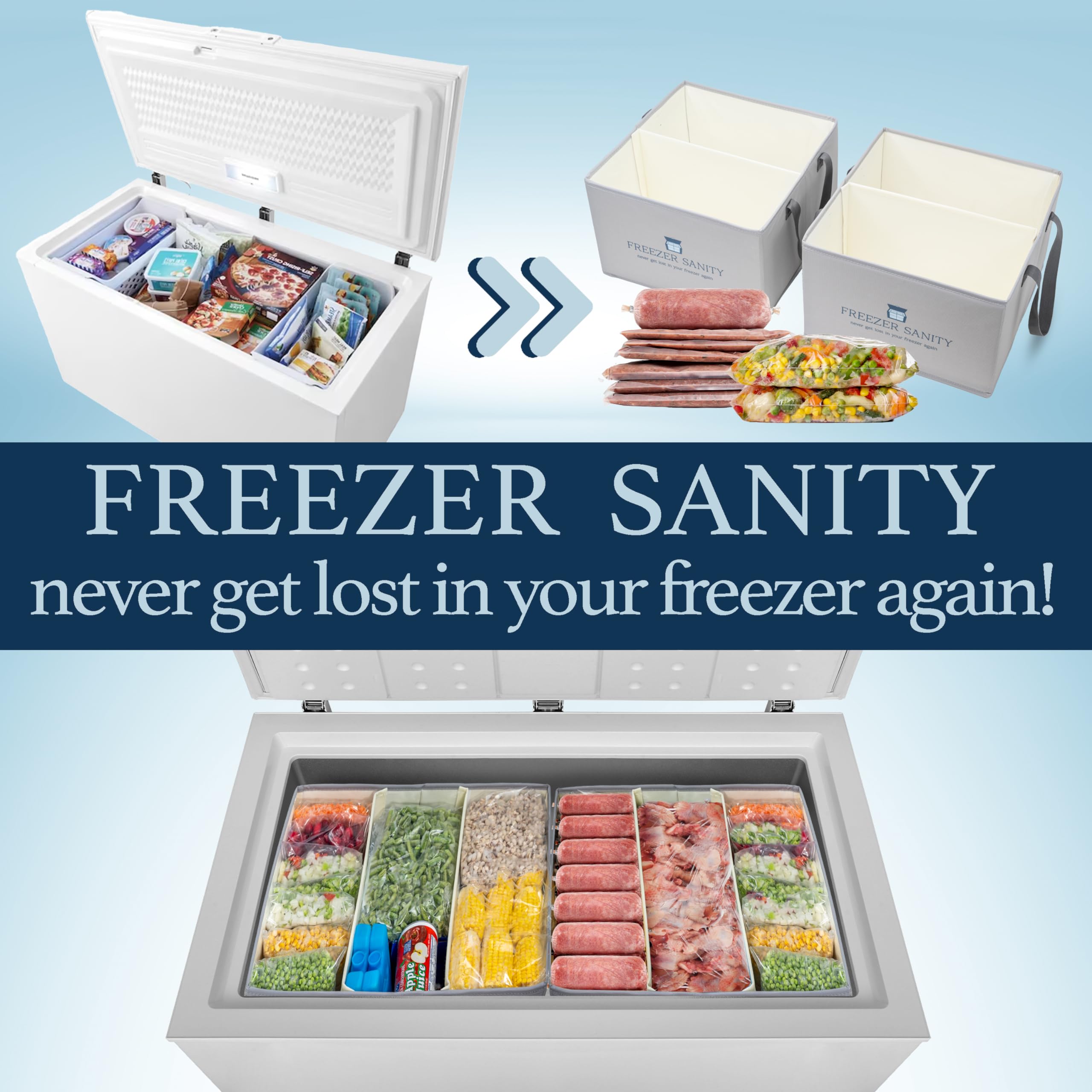 FREEZER SANITY Collapsible Freezer Organizer Bins - Stackable Storage Organizers with Custom Dividers, Handles, Ideal for Chest Freezers, Heavy-Duty, Water-Resistant Regular 15x14x9