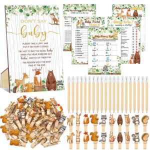 patelai 321 pcs baby shower games supplies, 5 sets (50 cards each) activities cards with 20 pencils 1 don't say baby sign 50 clothespin(woodland animal)