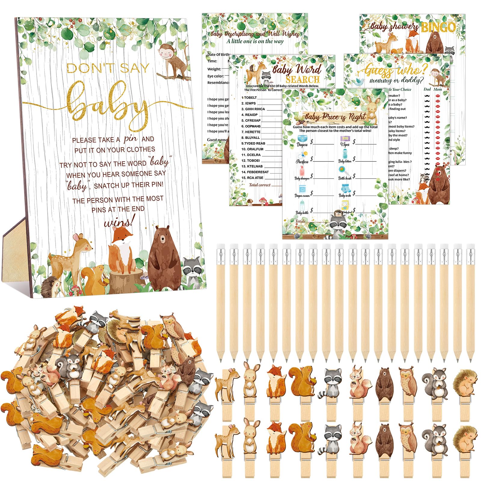 Patelai 321 Pcs Baby Shower Games Supplies, 5 Sets (50 Cards Each) Activities Cards with 20 Pencils 1 Don't Say Baby Sign 50 Clothespin(Woodland Animal)