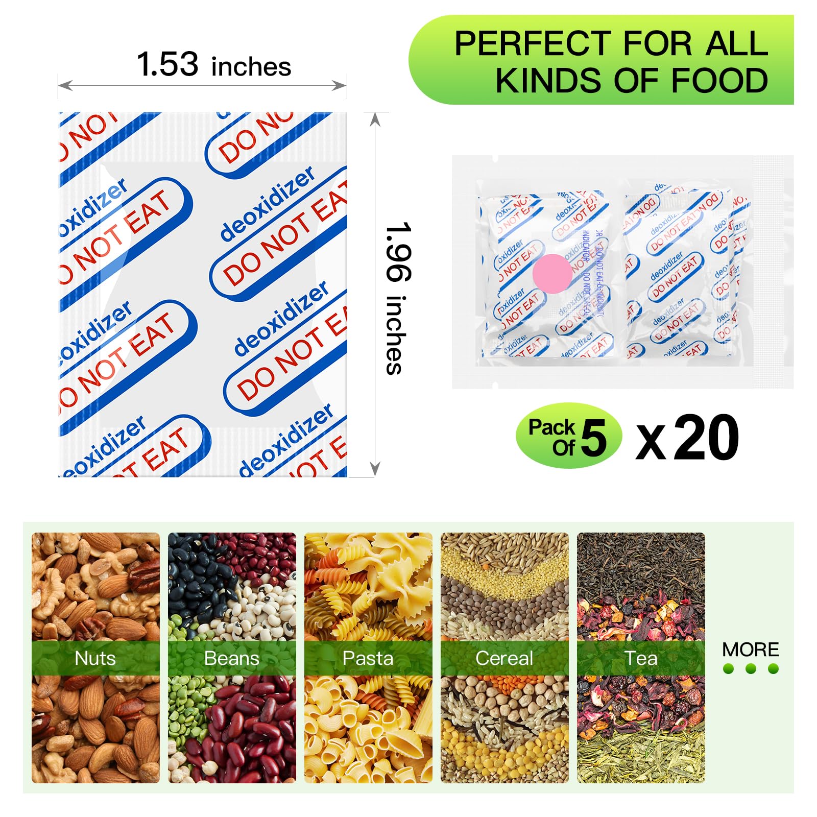 400cc Oxygen Absorbers for Food Storage, 100 Count (20x Packs of 5), O2 Absorber with Indicator for Long Term Food Storage Vacuum Mylar Bags Survival Canning Dehydrated Airtight Container Freeze Dryer