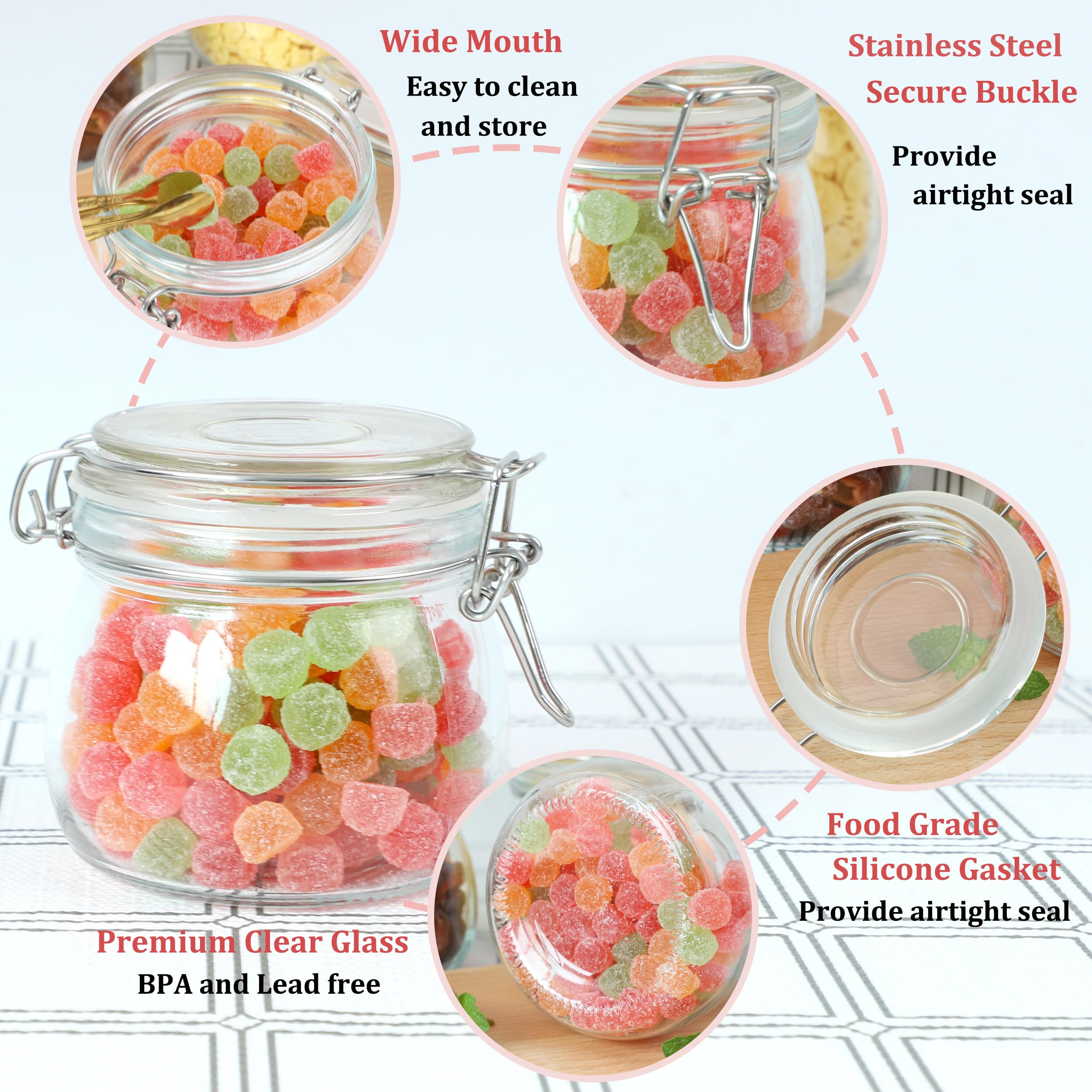 Glass Jar With Airtight Lid 16 Oz (Set Of 2) Wide Mouth Airtight Food Storage Containers Leakproof Canister For Coffee,Sugar,Chocolate Chips,Canning,Candy,Cereal,Spice,Pickle,Cookies,Dried Fruits