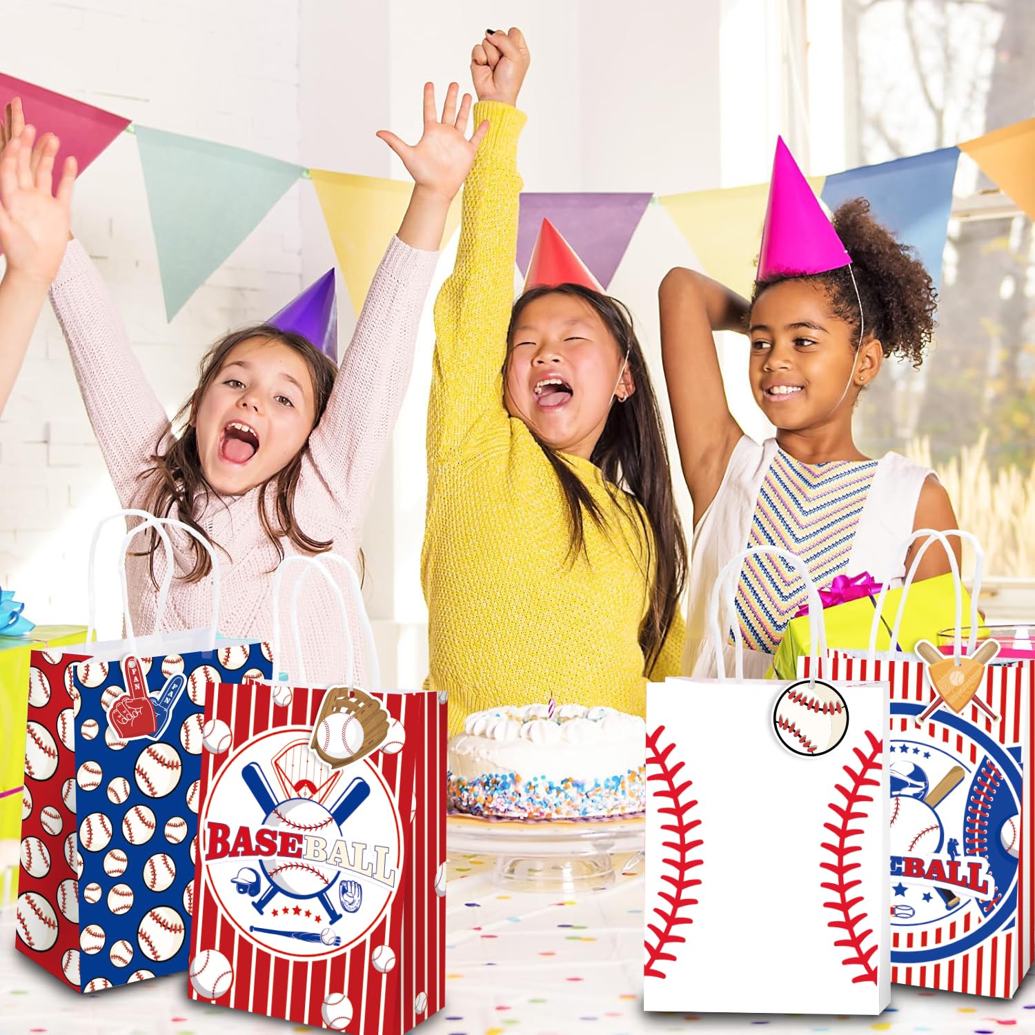 Mpanwen Baseball Goodie Bags, 16 Pcs Baseball Themed Party Favor Candy Treat Gifts Bags With Handle for Birthday Baby Shower Holiday Party Decorations