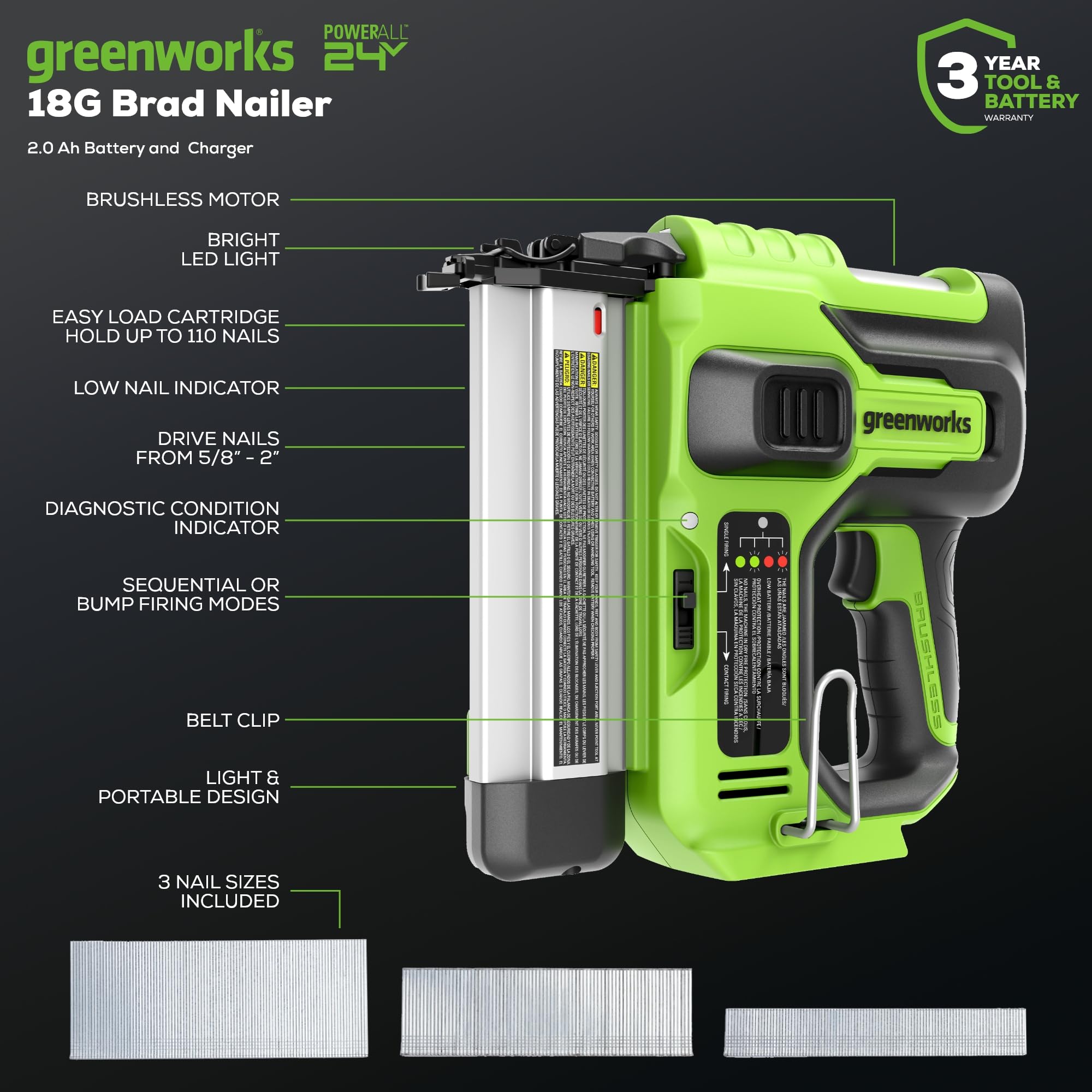 Greenworks 24V 18 Gauge Brushless Brad Nailer Gun, Cordless Finish Nailer, Staple Gun Cordless with 2Ah Battery and 2A Charger