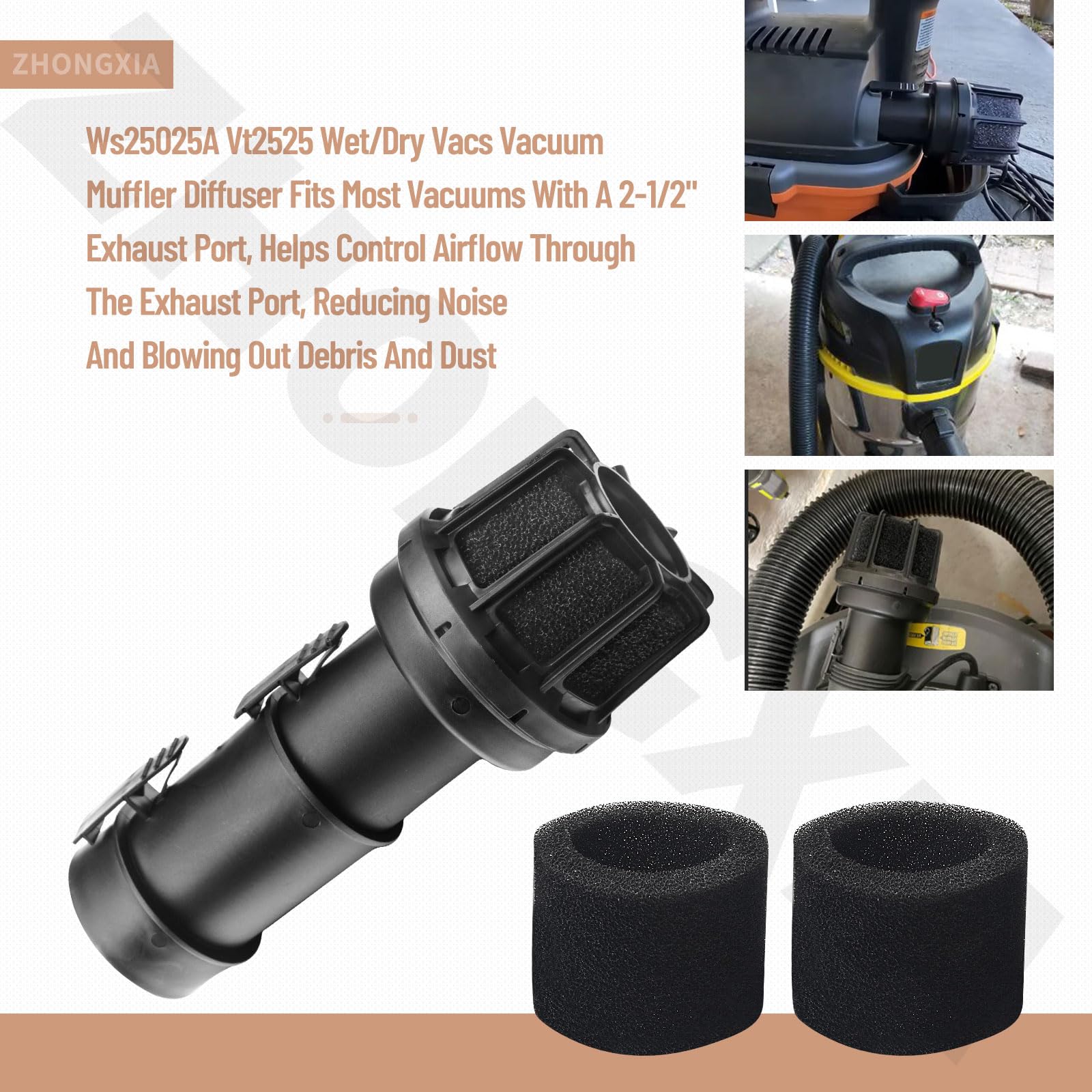 WS25025A VT2525 Wet/Dry Vacs Vacuum Muffler Diffuser for Most Vacuums With A 2-1/2" Exhaust Port, for Shop Vac Muffler Diffuser Helps Control Airflow Through The Exhaust Port, Reducing Noise