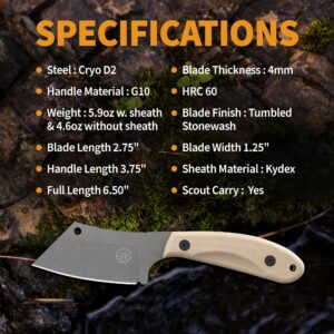 Off-Grid Knives - HOGLET EDC Fixed Blade Knife, Graywash Blade, Coyote G10 & Kydex Sheath with Scout and Vertical Belt Clip, Camping, Hunting, Hiking, Camp Kitchen Food Processing (Coyote)