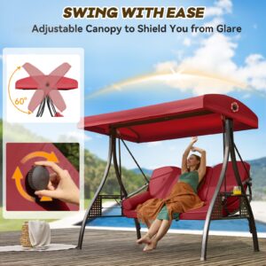 Yalissey 3 in 1 Outdoor Porch Swing with Adjustable Canopy, 3 Seat Outdoor Swing for Adults, Patio Swing Chair with Thickened Cushions,Pillows & Cup Holders for Backyard, Porch, Garden (Wine Red)