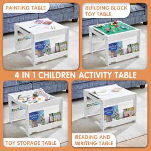 3 in 1 Kids Wooden Activity Table with Bookshelves, 2 in 1 Detachable Tabletop Construction Play Table for Toddlers Drawing, Reading, Crafts, Build Blocks (Grey & White)