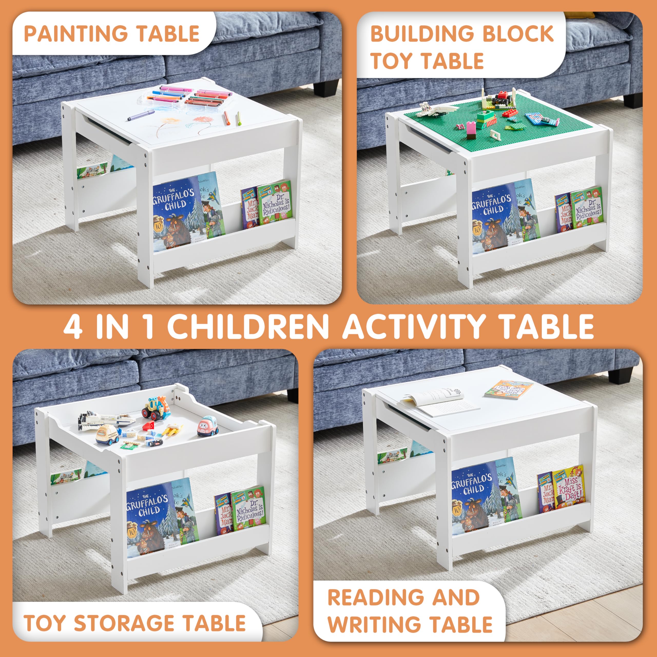 3 in 1 Kids Wooden Activity Table with Bookshelves, 2 in 1 Detachable Tabletop Construction Play Table for Toddlers Drawing, Reading, Crafts, Build Blocks (Grey & White)