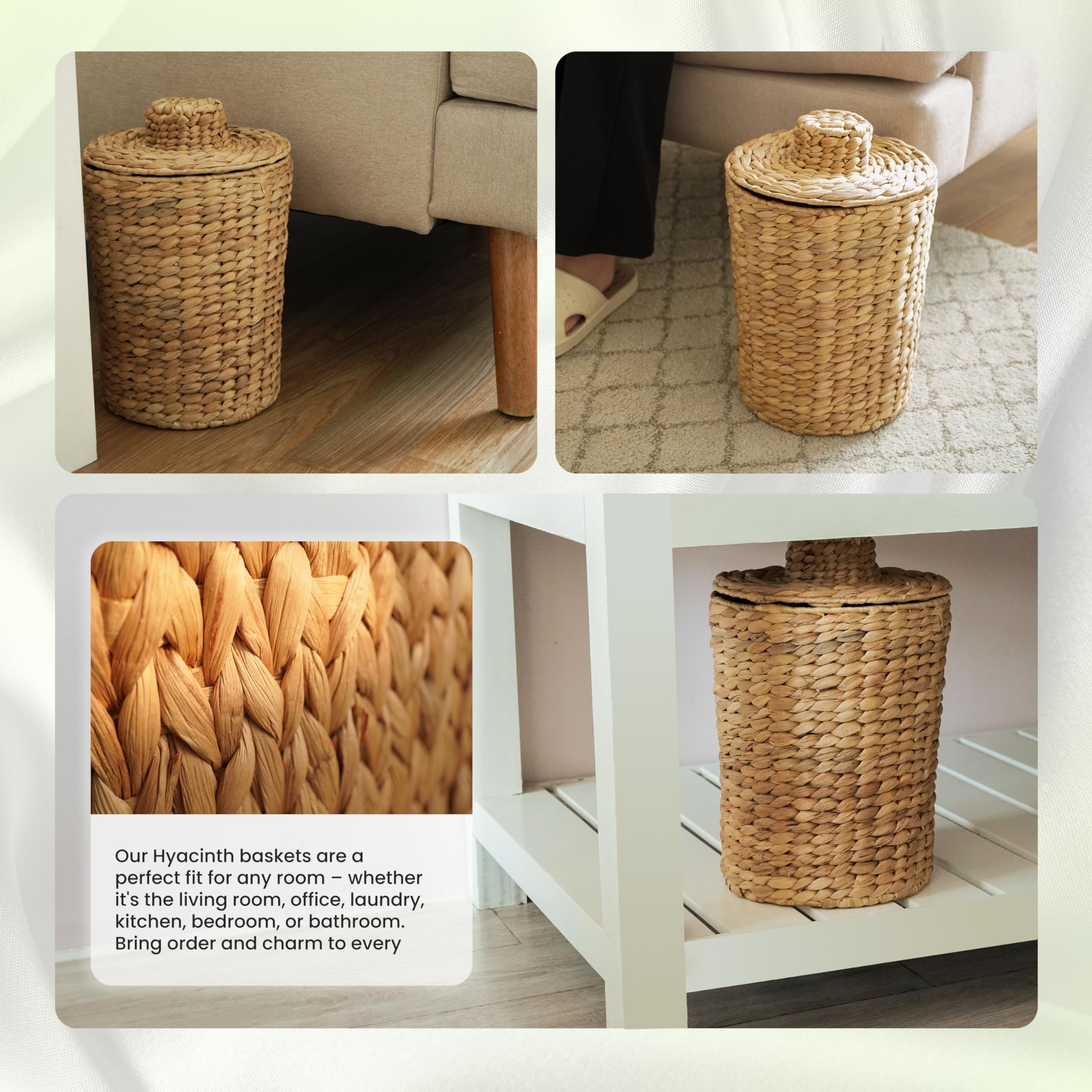 Tidita 1.3 Gallons Wicker Waste Basket with Lid - Large Wicker Trash Can for Office - WasteBaskets for Bedroom, Bathroom, Kitchen, Living Room - Boho Handwoven Trash Cans for Garbage (Water Hyacinth)