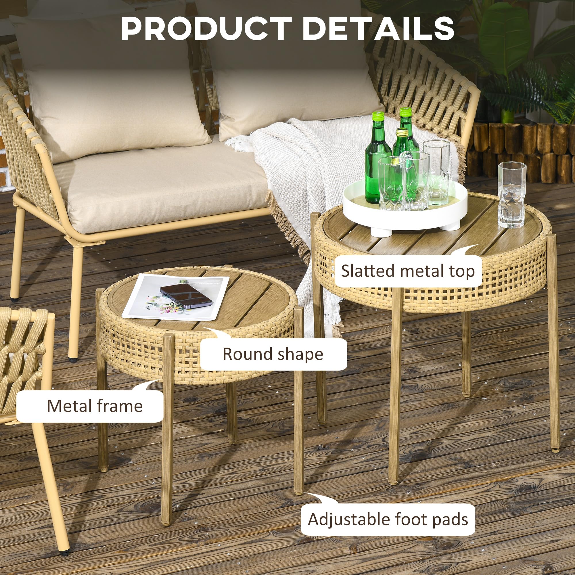 Outsunny 2 Piece Wicker Patio Table Set, PE Rattan End Table Set, Outdoor Round Coffee Table Set, Multi-Functional, Slatted Metal Top, Brown