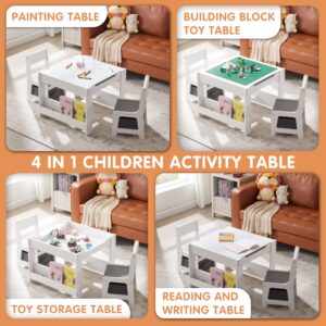 GABHX Kids Table and Chair Set, 4 in 1 Wooden Activity Table with Bookshelves and Storage Drawer, 2 in 1 Detachable Tabletop Construction Play Table Set for Drawing, Reading, Build Blocks