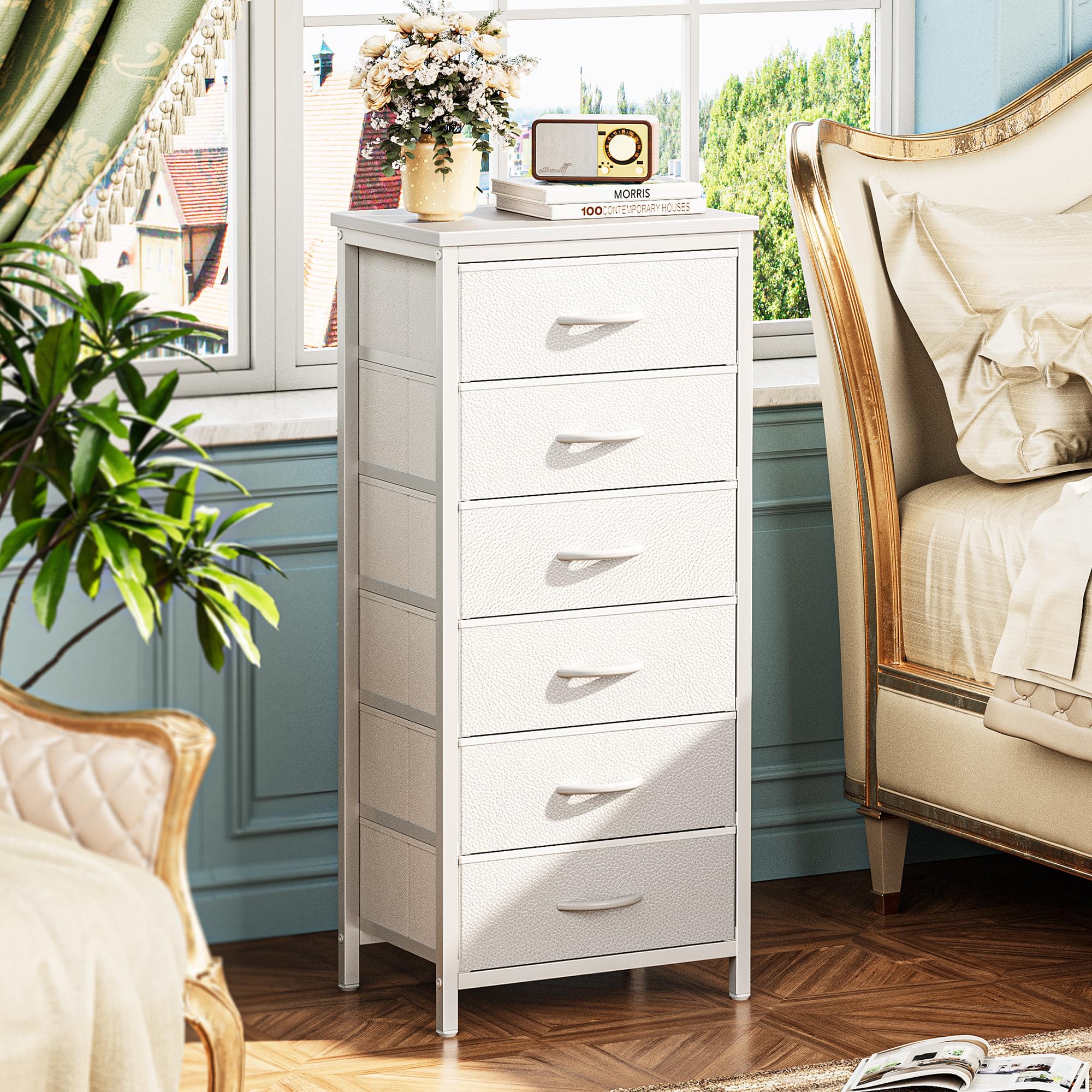 Huuger Tall Dresser for Bedroom, 6 Drawer Dresser & Chests of Drawers, Fabric Dresser for Closet, Bedroom, Night Stand, End Table with Metal Frame, Storage Tower with Fabric Bins, PU Leather, White