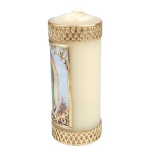 Small Our Lady of Guadalupe Devotional Candle with Gold Toned Wax Details, 4 ¾ Inches