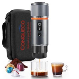 conqueco portable espresso coffee machine: 12v electric small travel expresso maker - self heating 8 cups battery powered compatible for nespresso capsule - for camping rv hiking office (w/handbag)