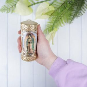 Small Our Lady of Guadalupe Devotional Candle with Gold Toned Wax Details, 4 ¾ Inches