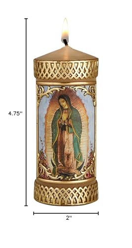 Small Our Lady of Guadalupe Devotional Candle with Gold Toned Wax Details, 4 ¾ Inches