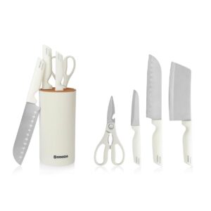 generic bcb kitchen knife set - 5 piece stainless steel set with storage block, small white modern design, sharp & professional knives, ga-011