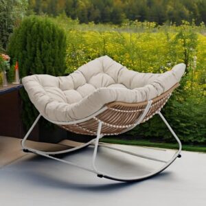 Naga Bahna Royal Rocking Chair, Outdoor Rocking Papasan Chair with Padded Beige Cushion Rocker Recliner Chair, Oversized Metal White Frame Rattan Egg Chair for Patio, Porch, Living Room