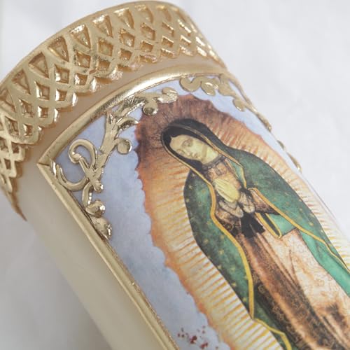 Small Our Lady of Guadalupe Devotional Candle with Gold Toned Wax Details, 4 ¾ Inches