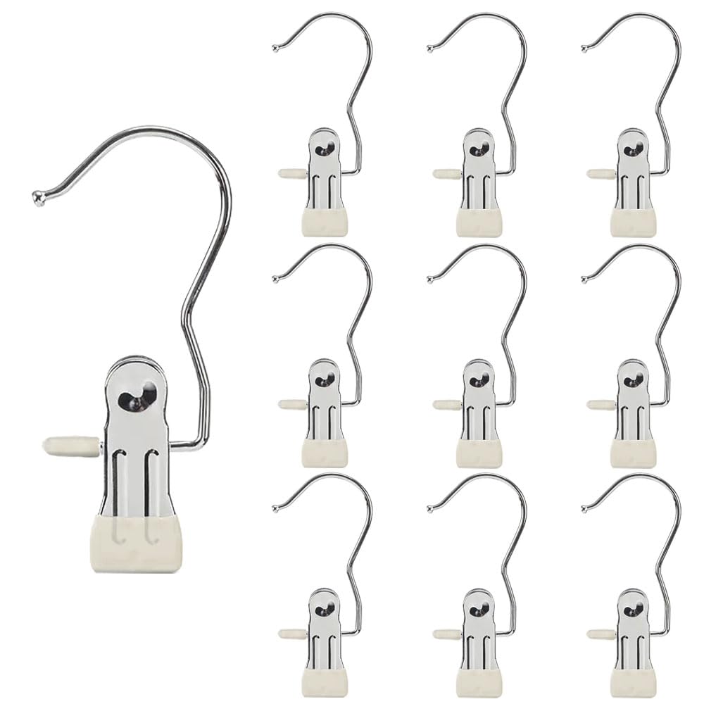 Hangers Clips,Stainless Hooks for Closet Hooks,Laundry Hanging Hooks,Travel Portable Clothes,Boot Tall Towel Hats Socks Pants and Bras (10, Rice-White)