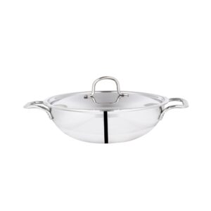 wg inc triply stainless steel kadhai with lid - tri-ply wok cookware - sauces, stews, deep frying saute pan induction friendly - dishwasher safe (9.5" dia) (2.5 qt / 2.4 litres)