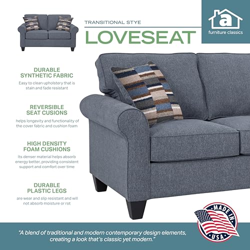 American Furniture Classics Model 8-020-A330V22 Eureka Rolled Arm Loveseat with Two Pillows Love Seats, Blue