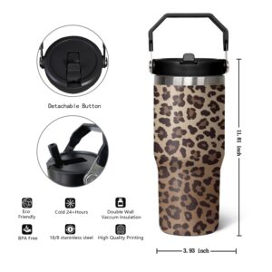 qwpmvhsak 30 oz Tumbler With Handle,Leopard Print Skinny Vacuum Insulated Tumbler With Flip Straw,Cute Cheetah Print Cups Water Bottle CoffeeTravel Tumbler, Leopard Decor/Accessories for Women