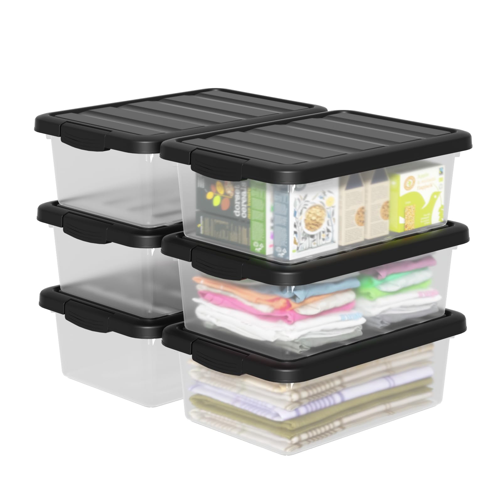 Vadidiya 14 Quart Plastic Latching Box with Lid, Latch Containers with Black Lids, 6 Packs