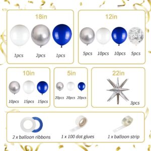 141pcs latex balloons with 3pcs Foil Balloons for Birthday Graduation Disco 2024 Prom Party Decorations… (Royal Blue Silver White)